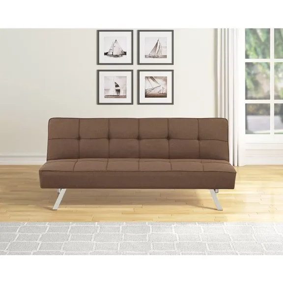Contemporary Lenin Tufted Futon Sofa Bed with Chrome Metal Legs, Living Room Sleeper Sofa Couch, Brown