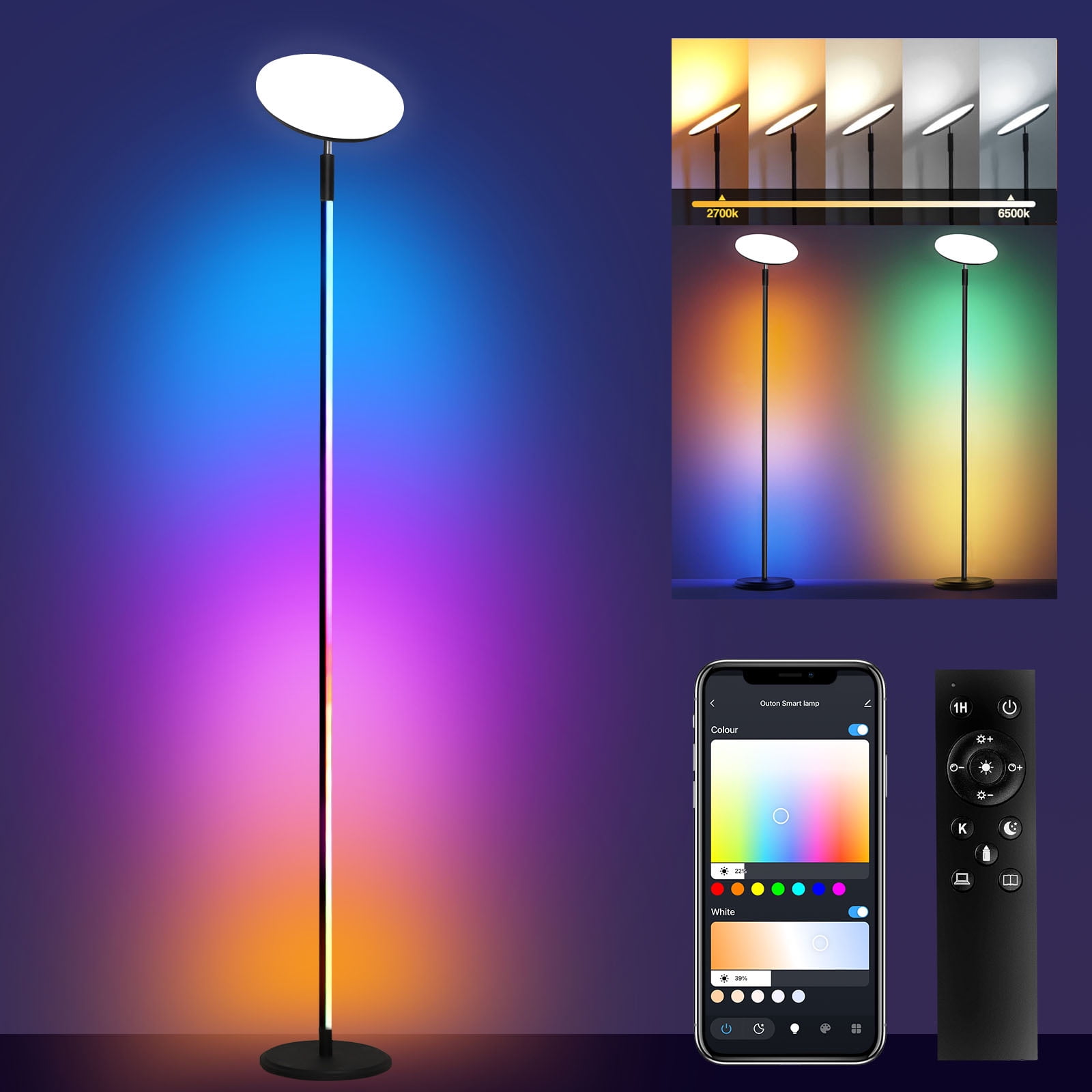 OUTON 2in1 Smart RGB Floor Lamp with Uplight, Standing Lamp WiFi APP Control Works with Alexa