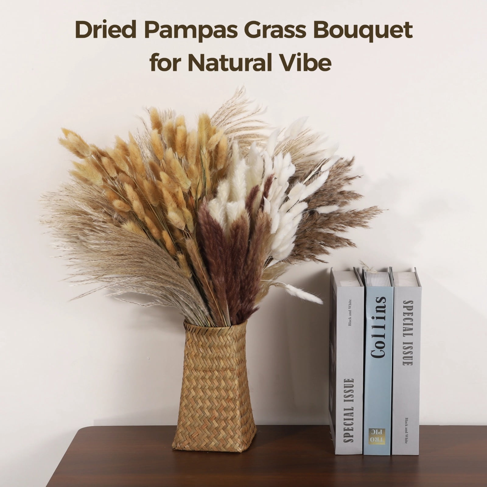 300PCS Dried Pampas Grass Bouquet, Natural Eucalyptus & Bunny Tail Grass, Boho Home Decor, Ideal for Wedding, Table, and Living Room Styling