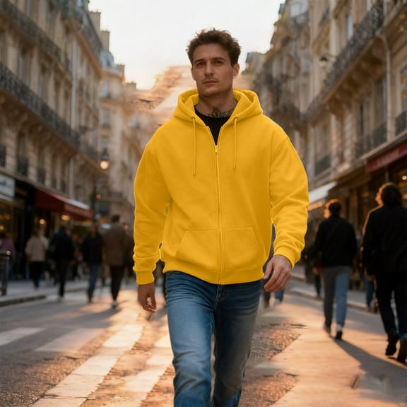 Zip Up Hoodie Men Sweatshirt Casual Big and Tall Hooded Sweatshirt with Pockets Yellow L