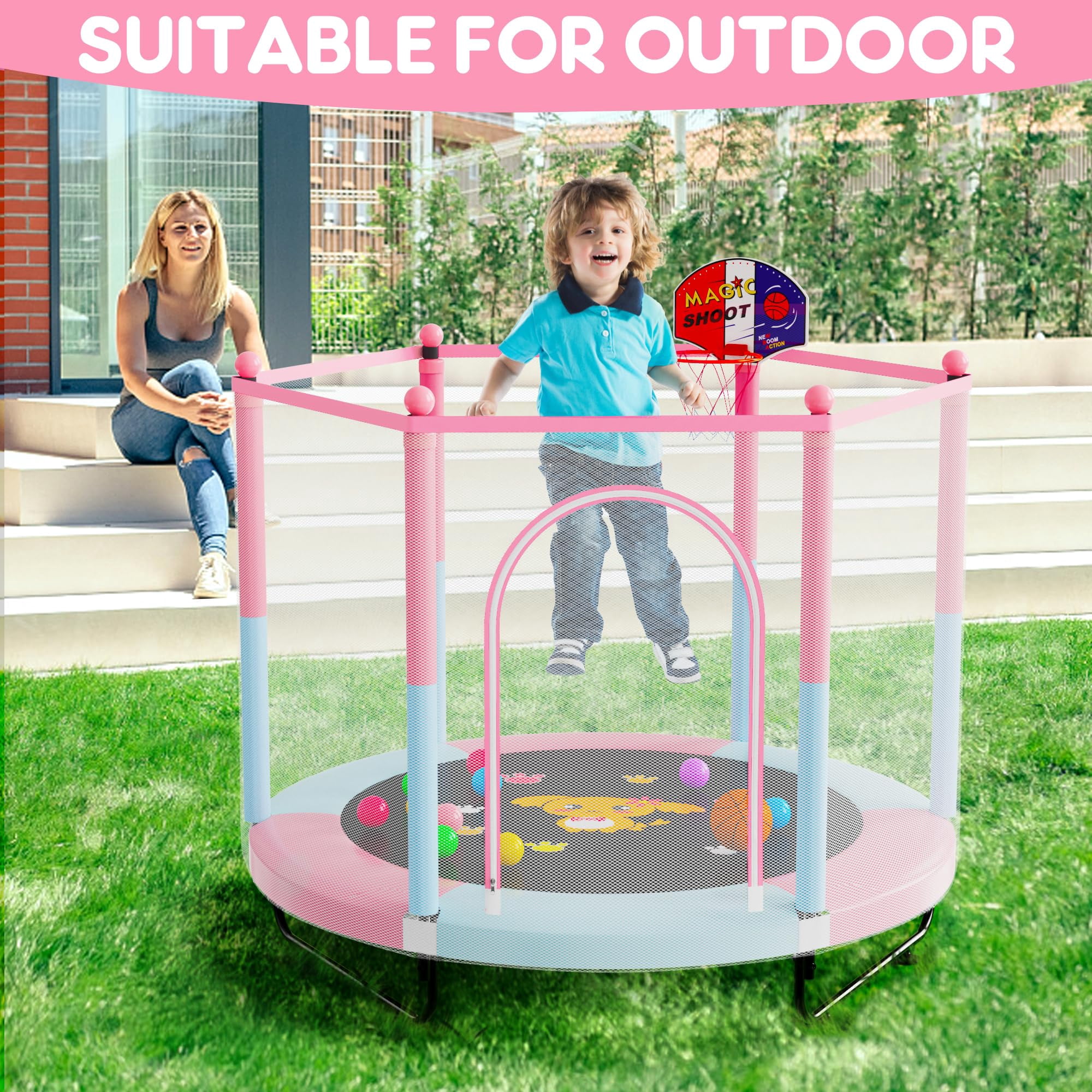 60" Trampoline for Kids, 5 FT Indoor & Outdoor Toddler Baby Trampoline with Basketball Hoop, Safety Enclosure, Birthday Gifts for Kids, Gifts for Boy and Girl, Age 3-8