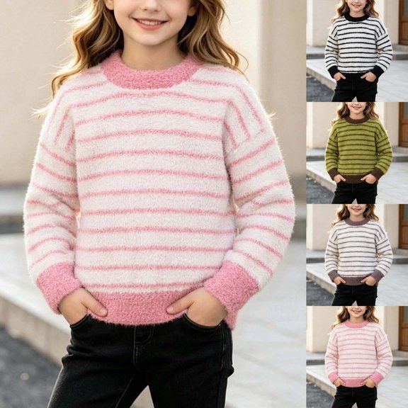 Spazoro Girls Striped Pullover Sweater Ribbed Cuffs, Long Sleeve Round Neck Loose Warm Casual Knit Jumper for Daily Wear Pink Size 3-4T
