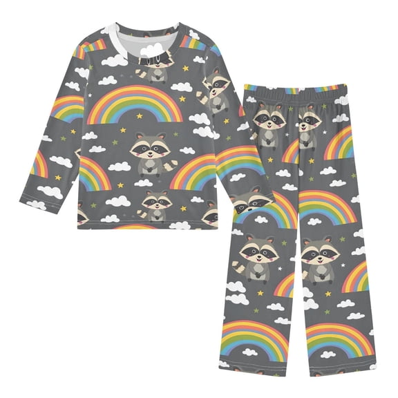 Raccoon Rainbow Cozy Soft Long Sleeves Top and Pants 2 Piece Cool Pjs Pajamas Set Sleepwear Size 3-11Y