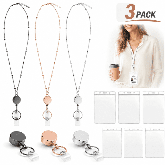Emlimny 3 Pack Lanyards for Id Badges Lanyard with 6 Pcs Id Badge Holder Retractable Stainless Steel Teacher Lanyard Cruise Ship Lanyards for Women (Black, Silver, Rose Gold)