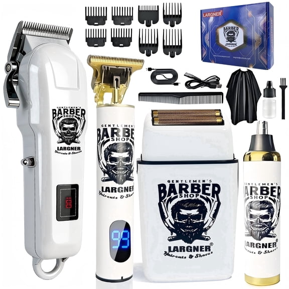 LARGNER 4-in-1 Professional Barber Hair Clippers for Men, Cordless Haircut & Grooming Kit with Zero-Gapped T-Blade, Foil Shaver & Nose Trimmer, LED Display, Gift for Him, White, 20-Piece