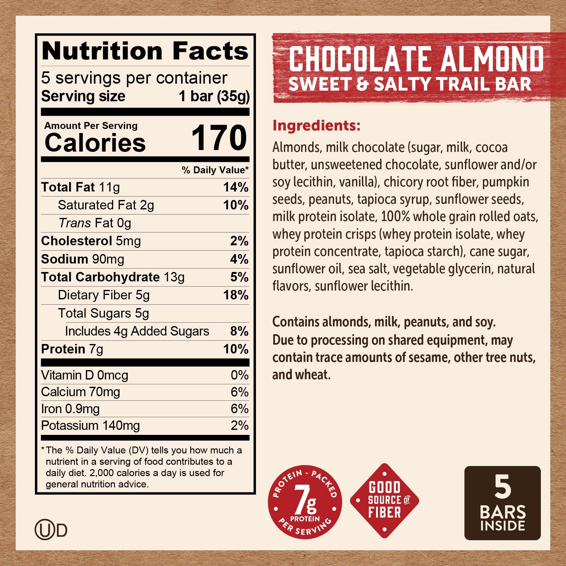(6 pack) Kodiak Protein-Packed Chocolate Almond Trail Bars, 1.23 oz, 5 Count Cardboard Box
