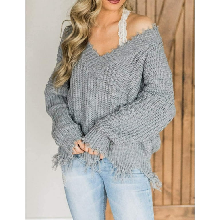 Kukuzhu Women s Loose Off The Shoulder Sweater V Neck Long Sleeve