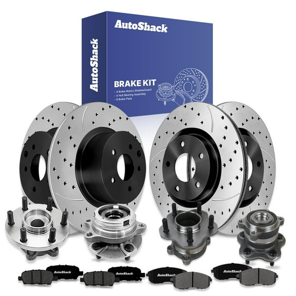 AutoShack Front Vented & Rear Solid Drilled & Slotted E-Coated Brake Rotors   Premium Ceramic Pads   Hub Bearing Assembly 16-PC Brake Kit Replacement for 2007-2009 Nissan Altima ShadowGuard
