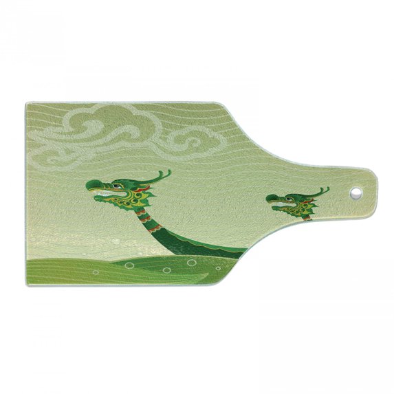 Dragon Cutting Board, Tatsu Mythical Animal Chips in Ocean Design, Decorative Tempered Glass Cutting and Serving Board, Wine Bottle Shape, Pistachio and Fern Green, by Ambesonne