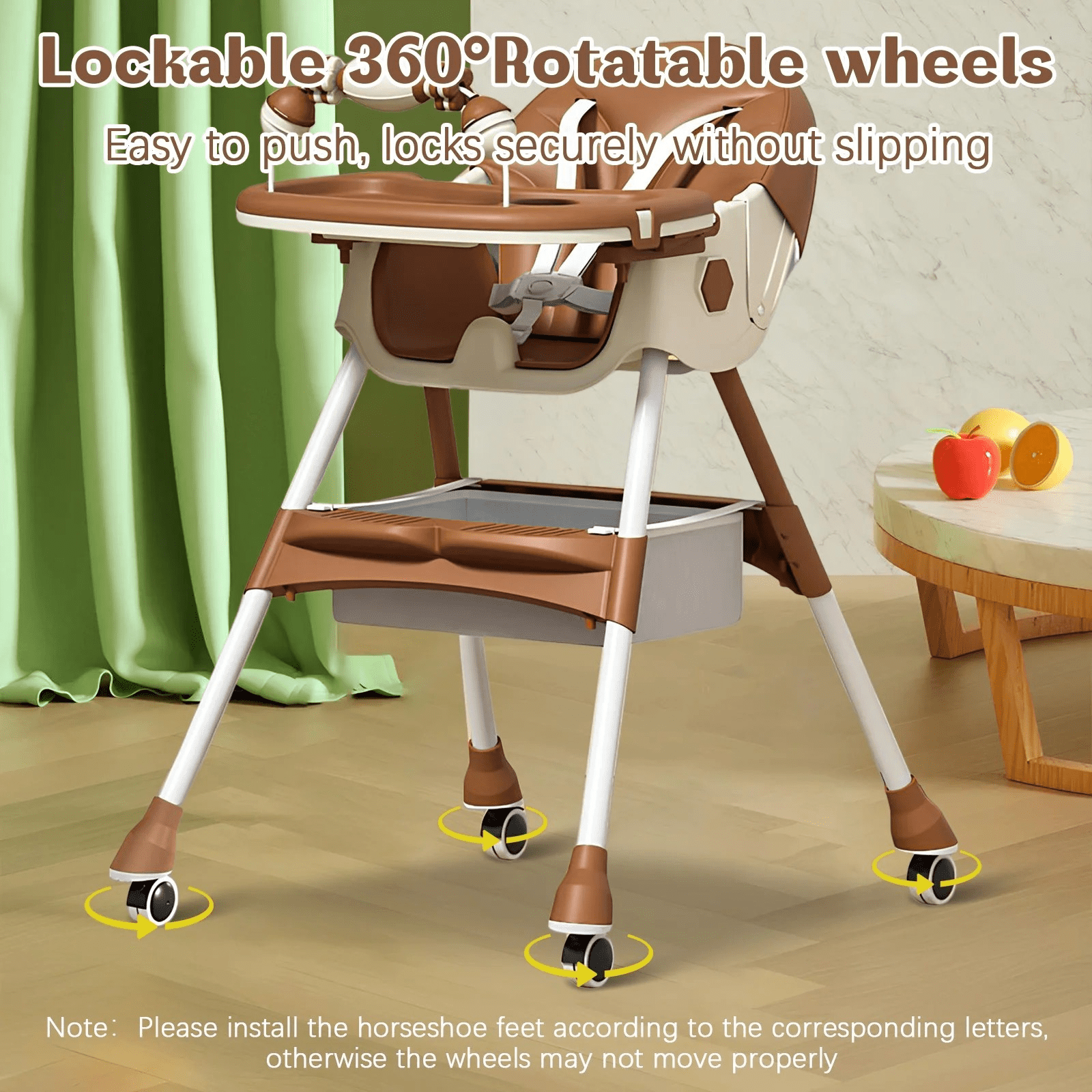 JieC 3 in 1 Baby High Chair, Foldable Baby Feeding Chair, For Infants and Toddlers 0-24 Months,Brown