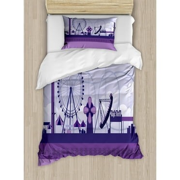 Ferris Wheel Duvet Cover Set Twin Size, Cartoon Amusement Park View with Gondola and Fair Grounds, Decorative 2 Piece Bedding Set with 1 Pillow Sham, Dark Purple Violet Pale Mauve, by Ambesonne