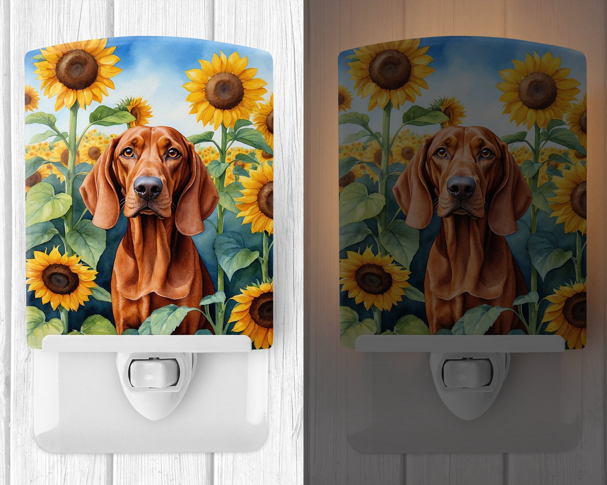 Redbone Coonhound in Sunflowers Ceramic Night Light 4 in x 6 in