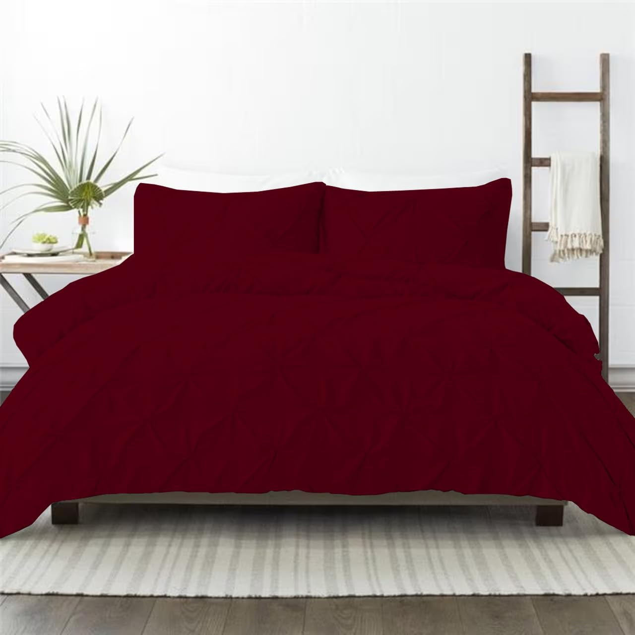 3 Piece Pinch Pleated Duvet Cover Set 100% Cotton 1000 TC with Zipper Closure & Corner Ties Pintuck Bedding Duvet Cover - King/California King Size (94" x 104") Inch, Burgundy Solid