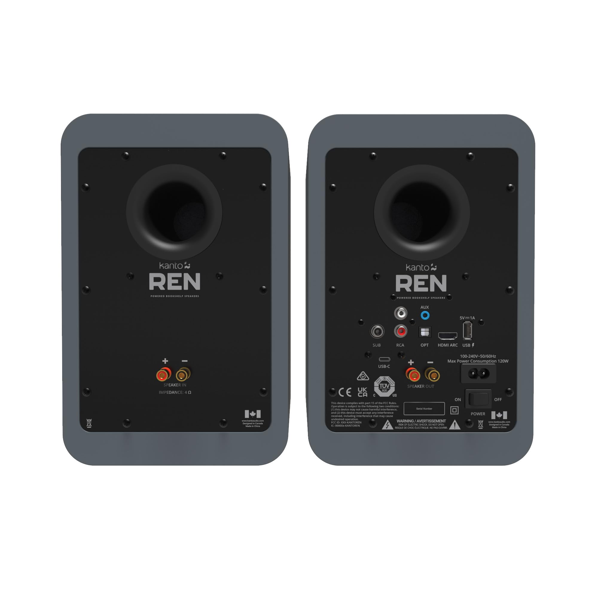Kanto REN GREY Bluetooth Powered Bookshelf Speakers - Matte Grey Pair with a Kanto SUB8VMB Sealed Powered 8" Subwoofer - Vinyl Black (2024)