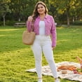 thumbnail image 3 of Conjuntos de botones de jeans de mujer de talla grande Agnes Orinda, chaquetas de mezclilla recortadas de moda 2X rosa oscuro, 3 of 8