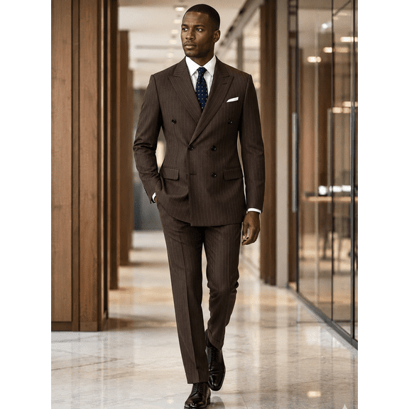 Men's Brown Pinstripe Pattern and Double-Breasted Two-Piece Suit for Wedding, Prom and Formal Events
