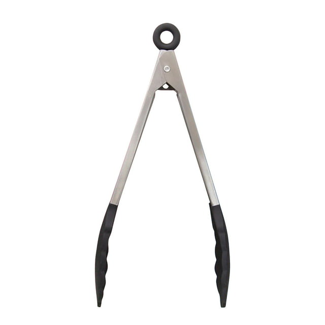 Pinza para alimentos de acero inoxidable de 27 x 15 cm, pinza para barbacoa, suministros para hornear con puntas de silicona antiadherentes para asar y cocinar, color negro, una sola pieza Rkxzt