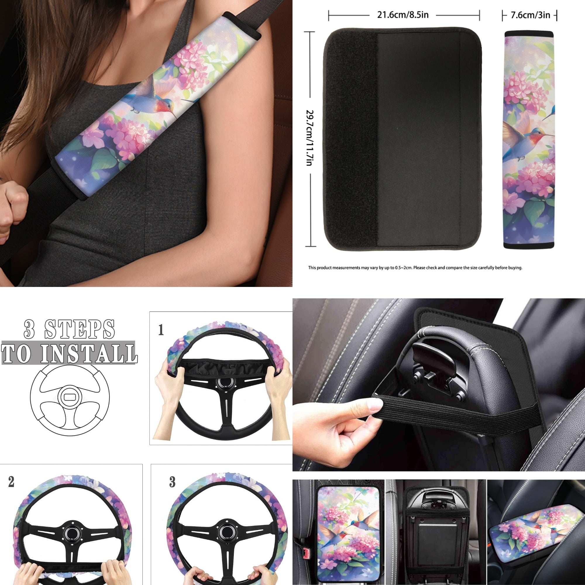 Jeiento Hummingbird Auto Interior Accessories Set, 17 Piece Front and Rear Car Seat Covers Full Set with Seat Belt Pads Armrest Cover Steering Wheel Cover Hydrangea Floor Mats