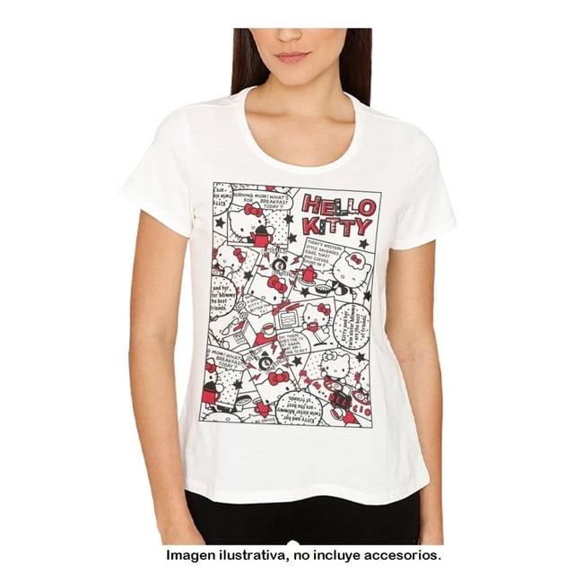 playera sanrio talla ch manga corta con estampado de hello kitty blanco, vista frontal centrada de camiseta blanca de cuello redondo y manga corta con estampa estilo cómic de Hello Kitty en negro y rojo, silueta recta y uso casual para dama, adecuada para vestir diario y combinar con jeans o leggings.