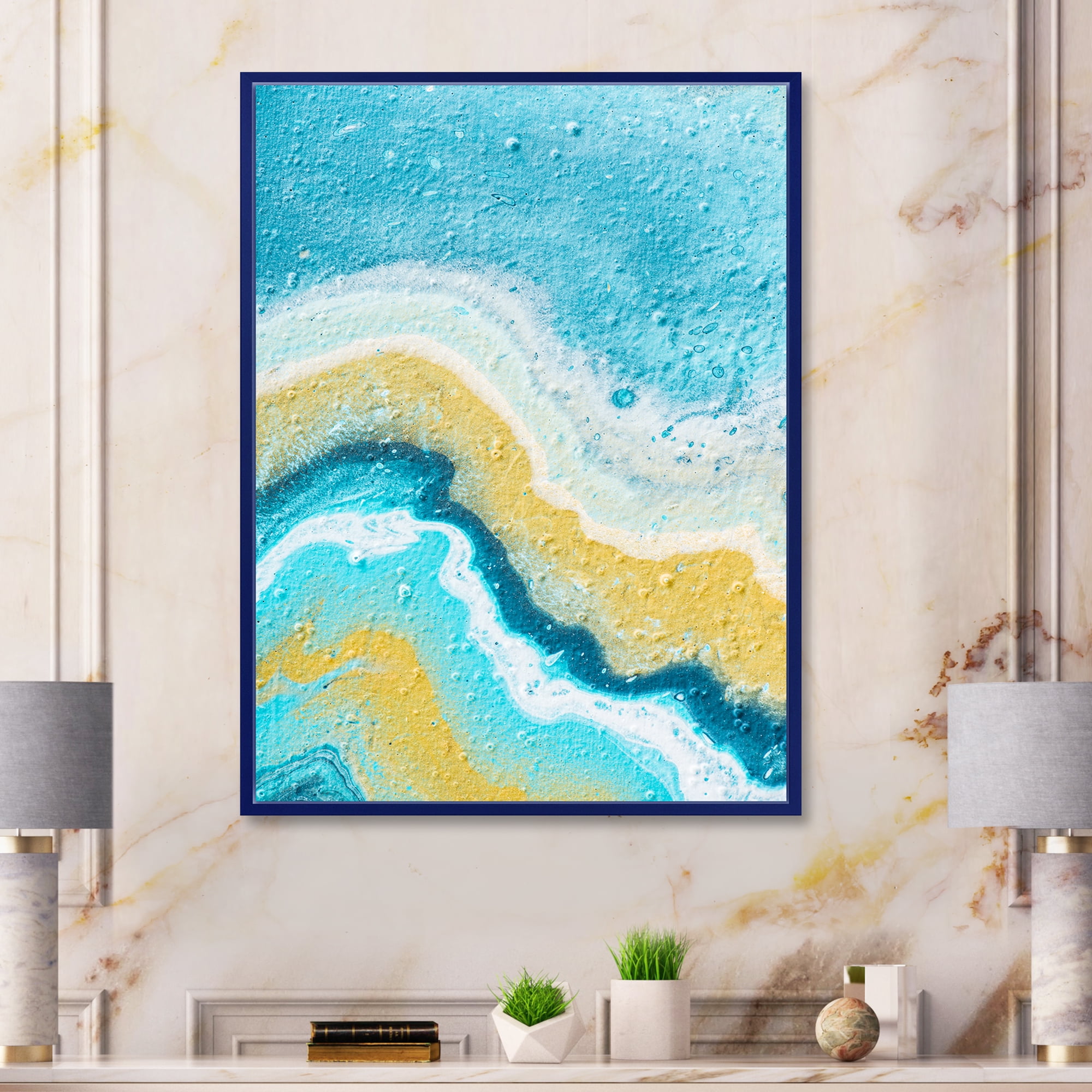 Designart 'Abstract Composition In Blue and Yellow VI' Modern Framed Canvas Wall Art Print