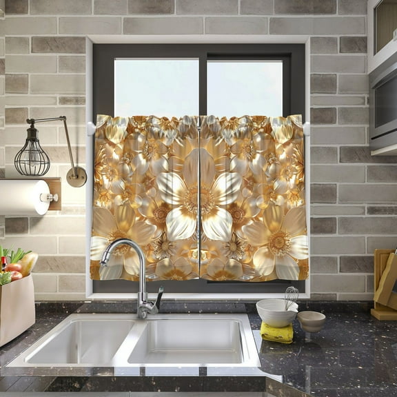 3d Gold Flowers Kitchen Curtains Half Tier Curtain 2 Rod Pockets Bathroom Bedroom Cupborad Living Room 27"x24"