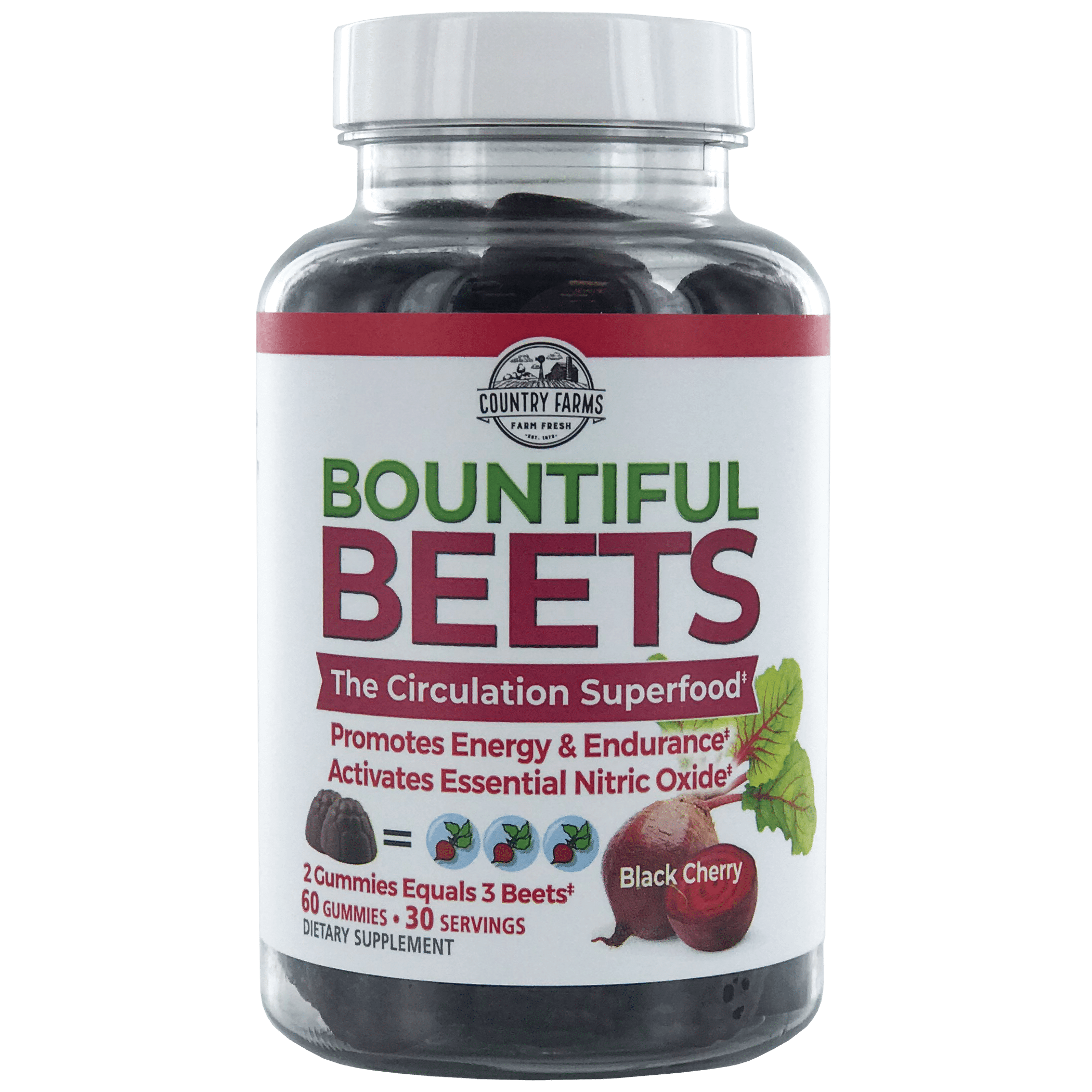 Country Farms Bountiful Beets Gummies, Circulation Superfood, Nitric Oxide, Heart Health, Black Cherry Flavor, 60 Gummies