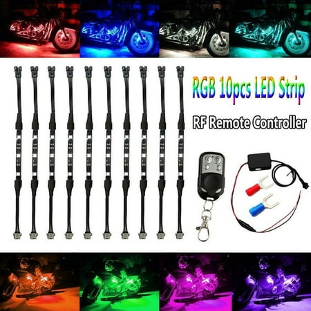 - Motorcycle Atmosphere LED Light Strip Kit, BT 10Pcs RGB Neon Accent Glow Lights Flexible Lamp with Wireless Remote Controller for Harley Davidson Honda Kawasaki Suzuki Ducati Polaris KTM BMW