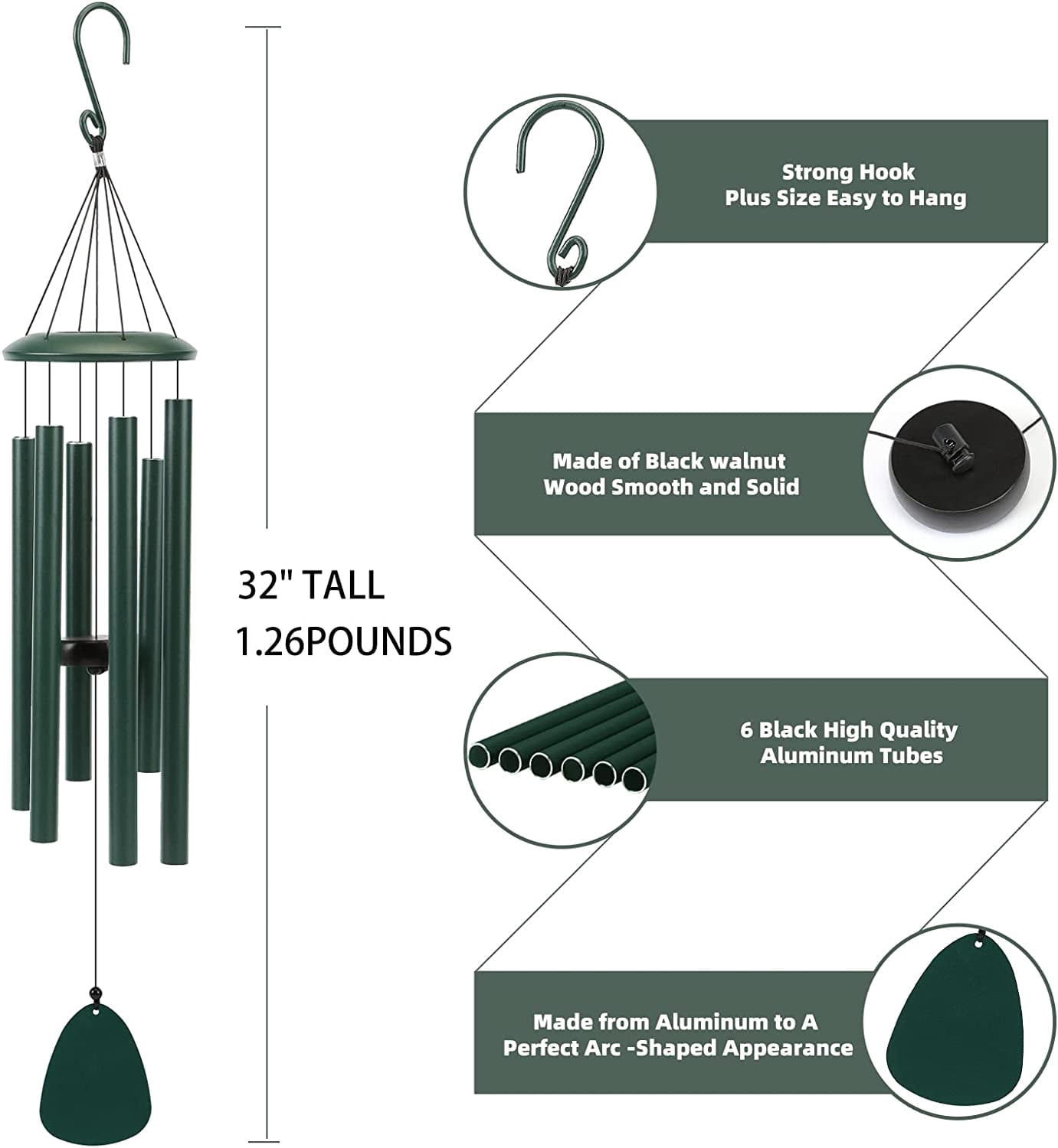 Wind-Chimes-Outdoor-Deep-Tone, Large Soothing Melodic Tones Windchimes, Wind Chimes for Outside, Memorial Wind Chimes Best Gift for Mom Women Grandma Neighbors(32" Forest Green Coated Aluminum)