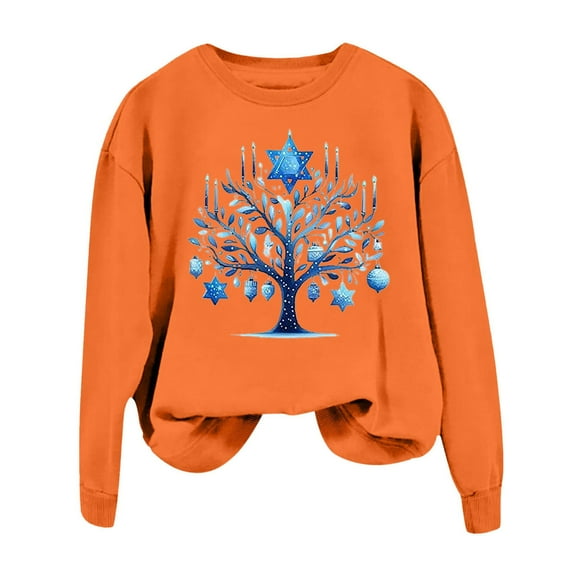 Hanukkah Sweatshirt For Women Chanukah Sweaters Menorah Pullover Tops Casual Oversized Long Sleeve Shirts Tees Tops Graphic Hoodie Women Pullover Sweatsuit Jacket Pants Outfit Women Fashion Top Full