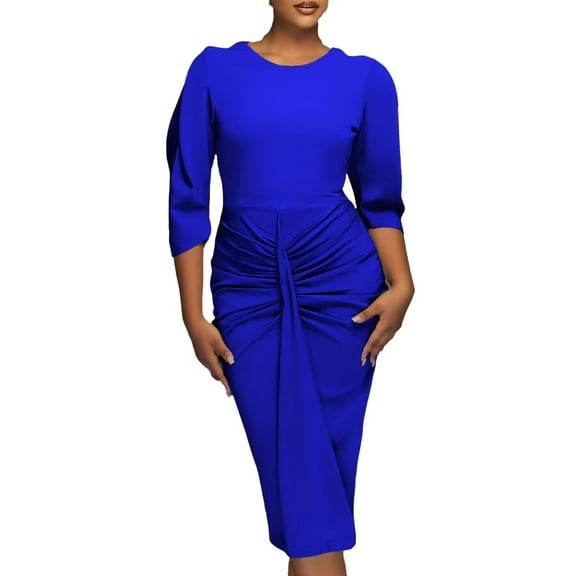 Womens Business Work Office Crew Neck Pencil Dress Elegant Ruched Long Dress