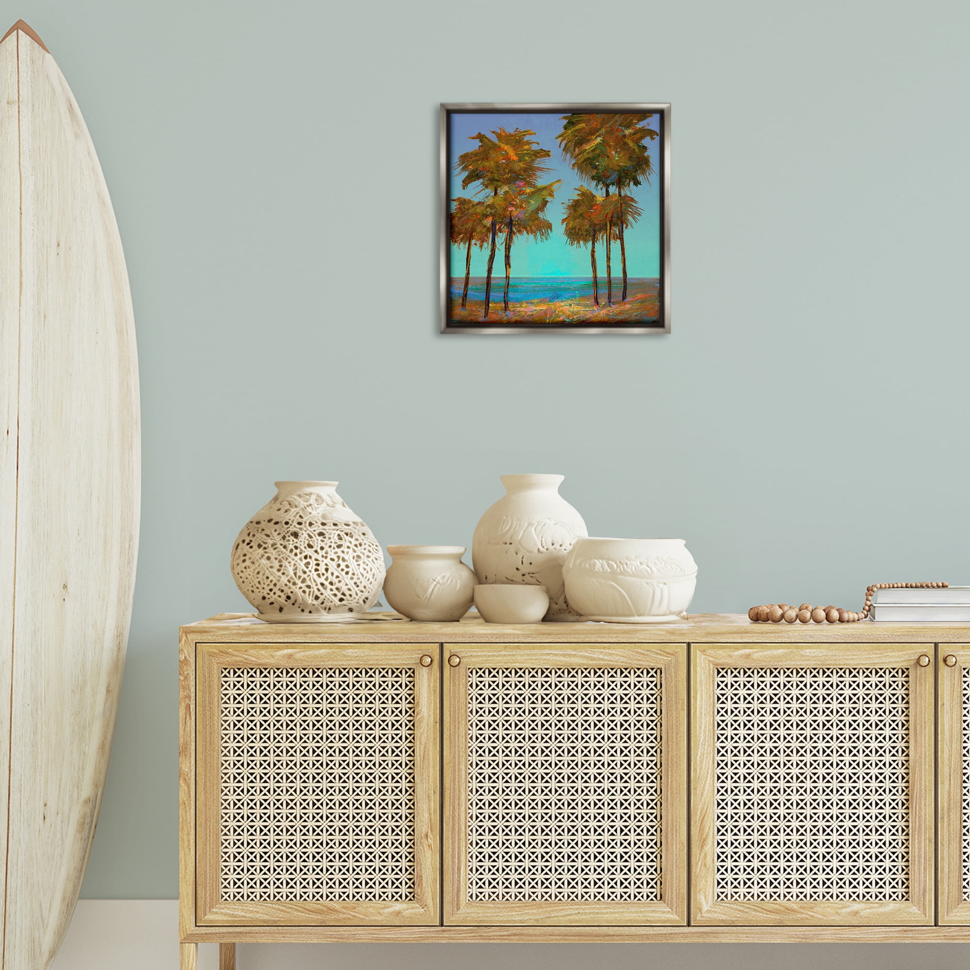 Stupell Industries Looming Green Palms Landscape Painting Gray Floater Framed Canvas Art Print Wall Art, 18 x 18