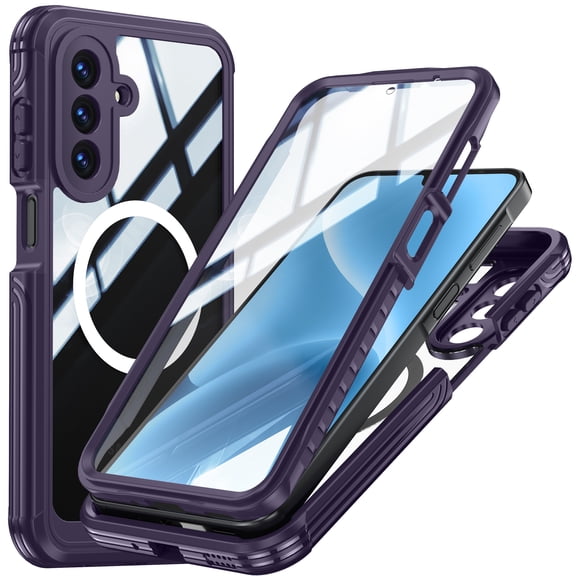 ELEHOLD Case for Samsung Galaxy A57 Crystal Clear Compatible with Mag Safe,Full Body Shockproof Protective Cover with Built-in Tempered Glass Screen Protector,Purple