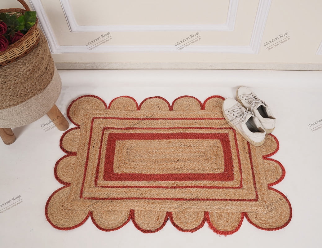 Rectangle Rug Natural Jute Rug Hand Braided Beige and Red Color Scalloped Area Rug