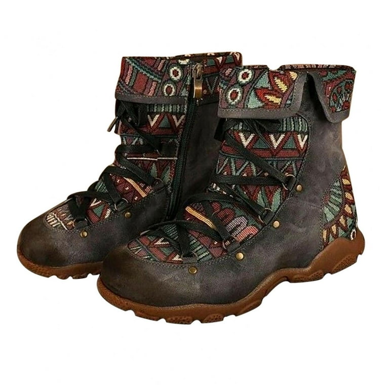 Handmade bohemian comfy genuine leather splicing jacquard lace up zipper flat ankle boots sale
