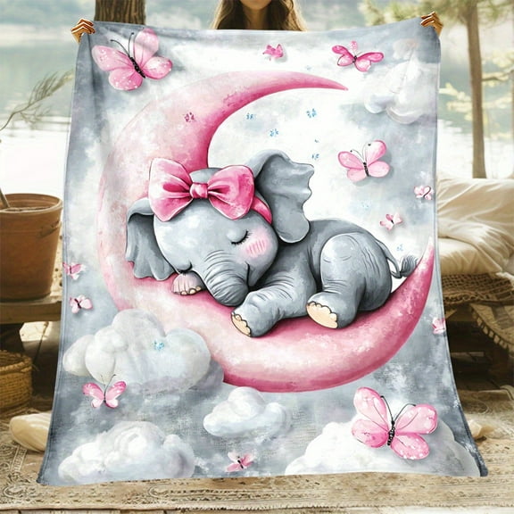 Whimsical Elephant & Moon Design Flannel Throw Blanket Soft & Lightweight Machine Washable Vibrant Colors Perfect for Couch Bed Travel Camping All-Season Cozy Goodnight Blanket