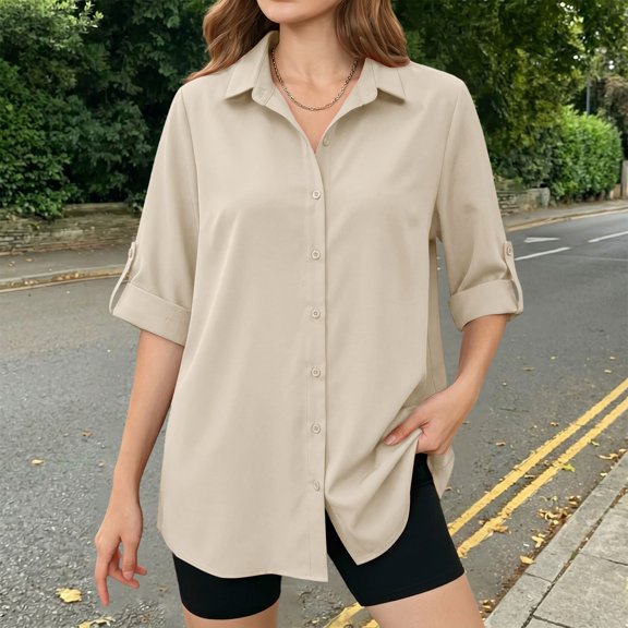 IUYRTFE Women's Longline Button-Down Shirt – Lightweight Rolled Sleeve Oversized Blouse with Stretch Fabric for Summer Sun Protection and Casual Daily Wear