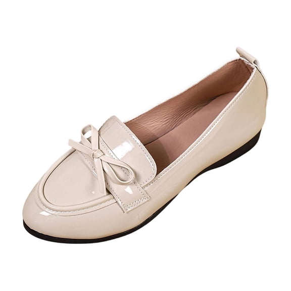 Beige Womens Casual Loafers Bow Detail Slip On Flat Soft Sole Shoes Round Toe Closed Toe Patent Leather Upper Comfortable Plus Size Versatile Wear