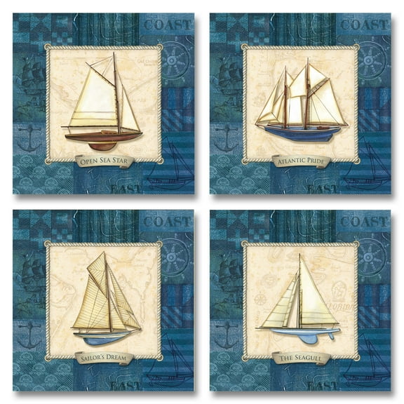 Sailing I Beautiful, Vintage Blue Sailboat Collage; Nautical Decor; Four 12X12 Poster Prints