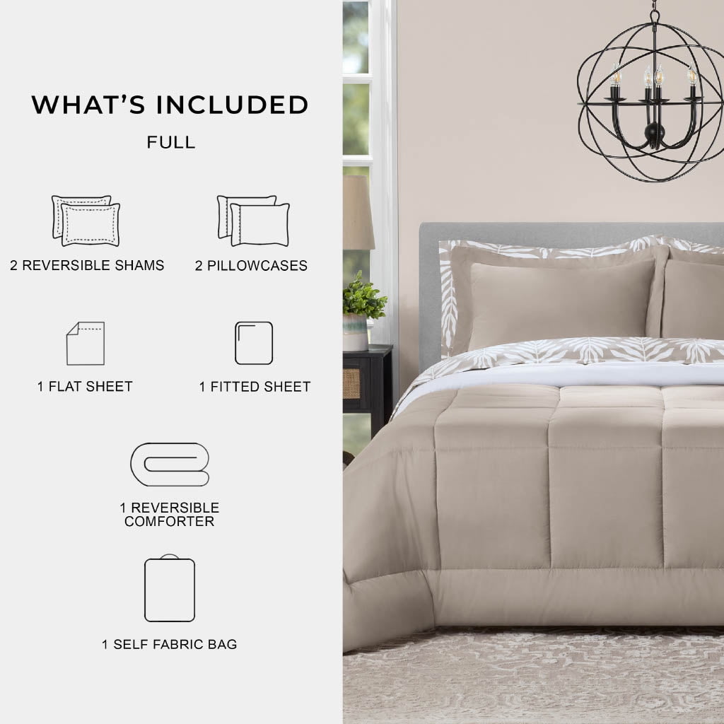 Mainstays All in One Reversible Comforter and Sheet set- 7 Piece, Full, Beige Palm
