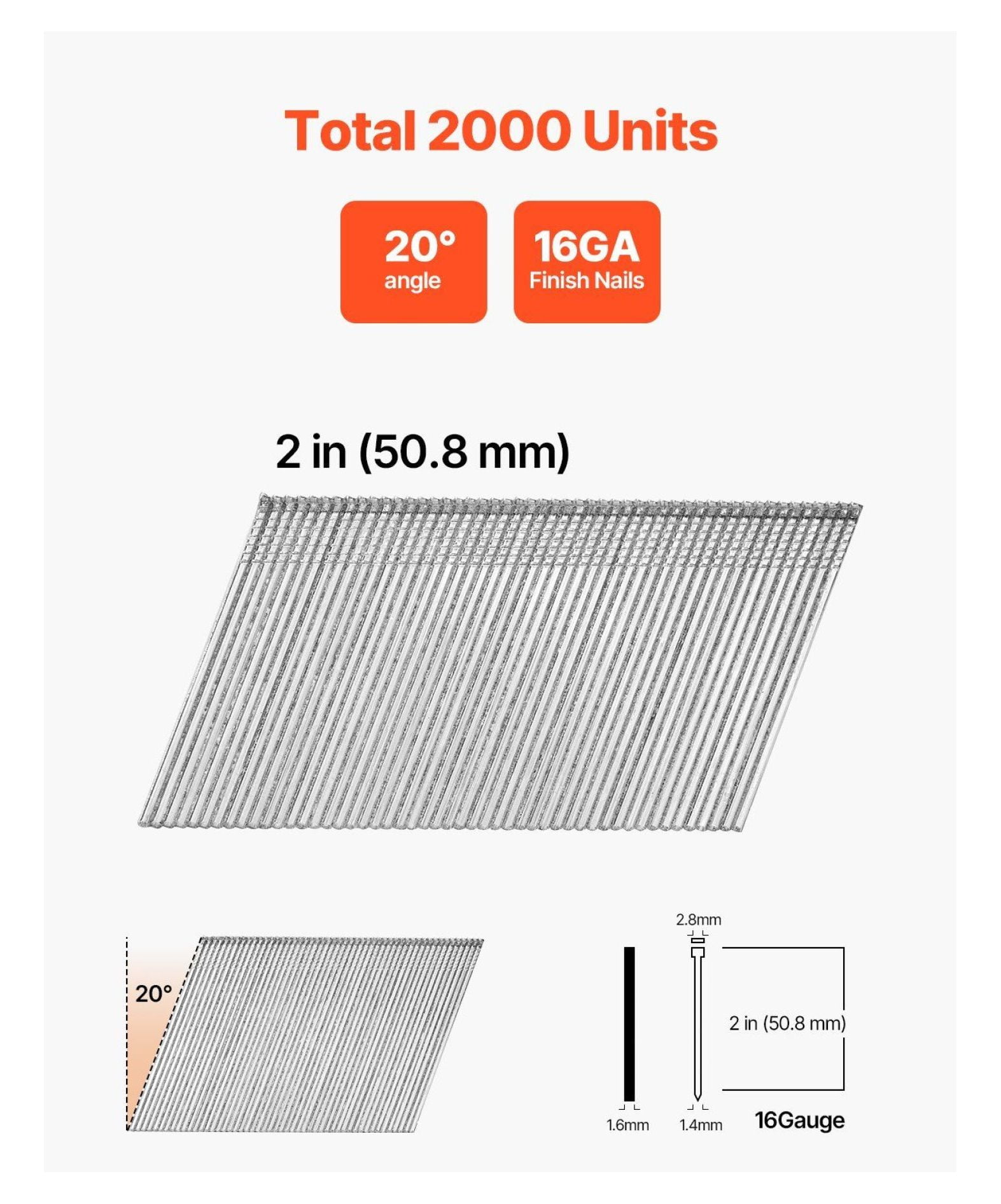 16 Gauge Finish Nails 2 Inch, 2000 Count - 20 Degree Angled Finish Nails for Nailers, Galvanized Rust Resistant Finishing Nail Set for Woodworking & DIY