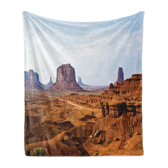Desert Soft Flannel Fleece Blanket, Monument Valley View from John Fords Point Merritt Butte Sandstone Image, Cozy Plush for Indoor and Outdoor Use, 50" x 60", Baby Blue Mauve Amber, by Ambesonne