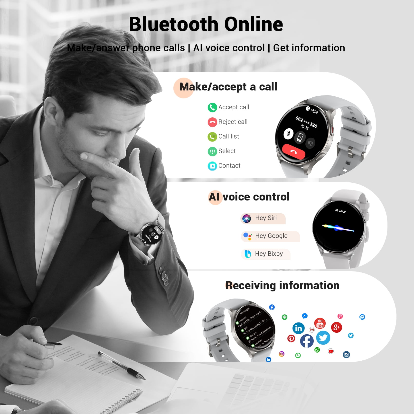 Blackview Smart Watch for Women, 1.43" AMOLED Display Fitness Tracker with Bluetooth Call, 100+ Sports Modes, AI Voice Assistant, 2 Straps, Waterproof Smartwatch for Android iPhone, Sliver