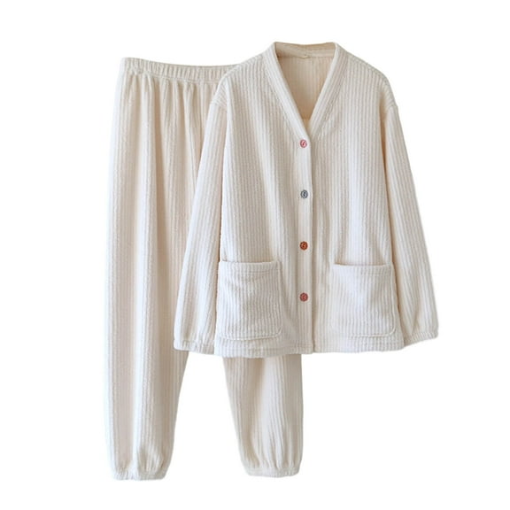 Tnhcen Women's Winter Solid Color V-Neck Ribbed Long Sleeve Pajama Set Button Up Pocket Top with Pants Thermal Fleece Lined Sleepwear M-2XL
