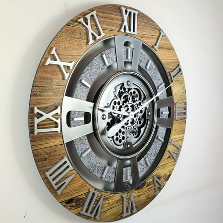 THE GEARS CLOCK Wall Clock with Real Moving Gears EN-LI_ 36 in Round Wood-Stone