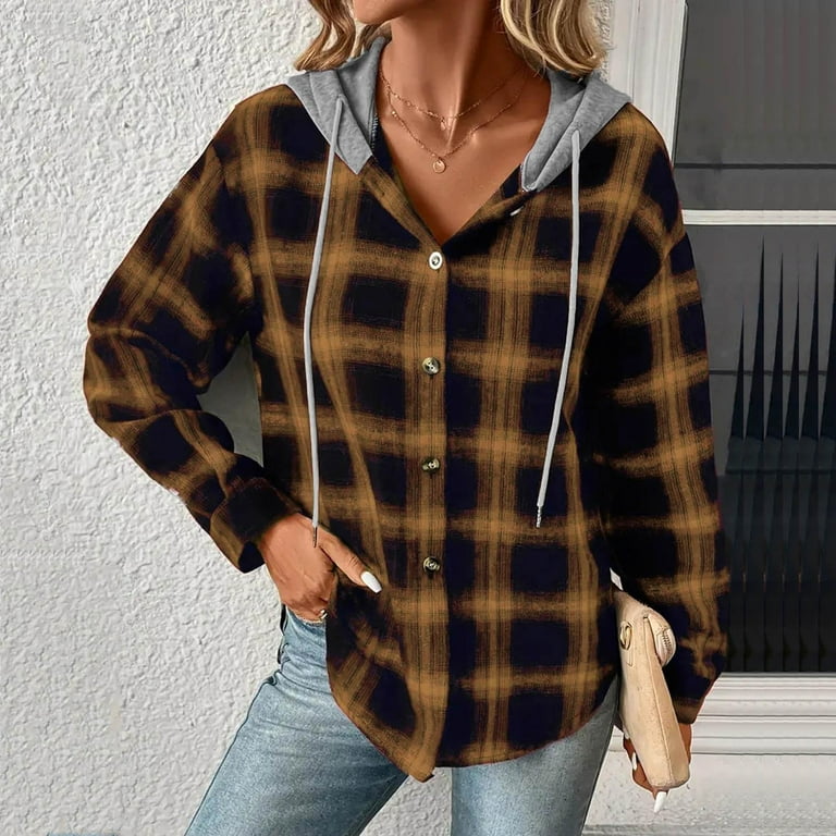 Fanxing Women's Plaid Hooded Shirt Drawstring Flannel Sweatshirt