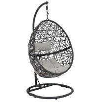 Sunnydaze Caroline Resin Wicker Egg Hanging Chair with Cushions and Stand, Gray
