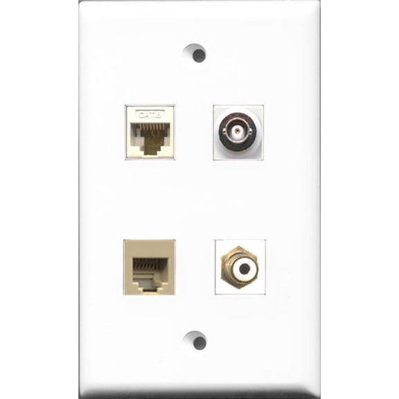 RiteAV 1 Port RCA White and 1 Port Phone RJ11 RJ12 Beige and 1 Port BNC and 1 Port Cat6 Ethernet White Wall Plate