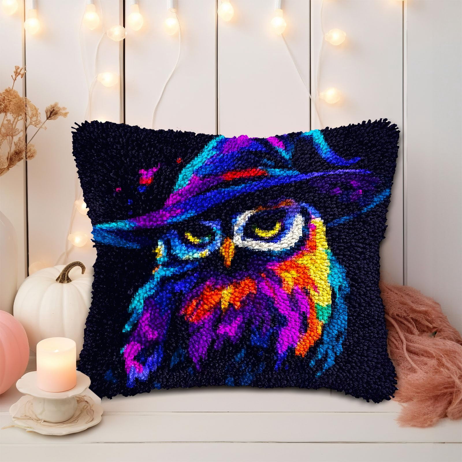 Colored Owl Wear Witch Hat DIY Latch Hook Pillow Kits for Adults Printed Pillowcase Crochet Yarns Hooking Handmade Pillow Cover Cushion for Home Sofa Decoration 17x17inch