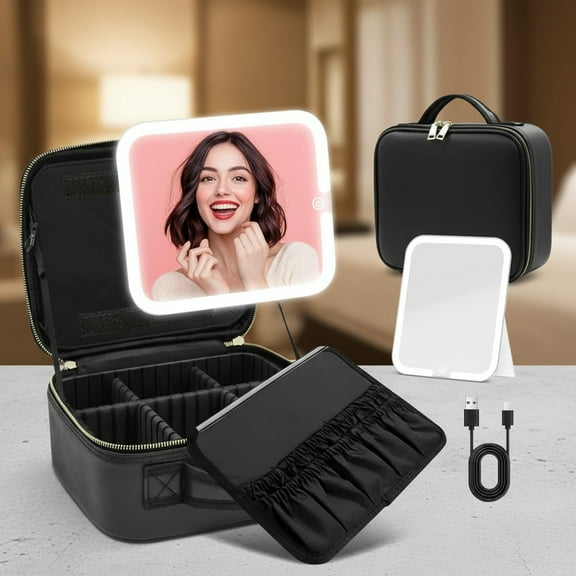 Eurhowing Makeup Bag with LED Mirror, Large Travel Cosmetic Organizer with Adjustable Dividers & 3-Color Light, Rechargeable Train Case for Women Girls