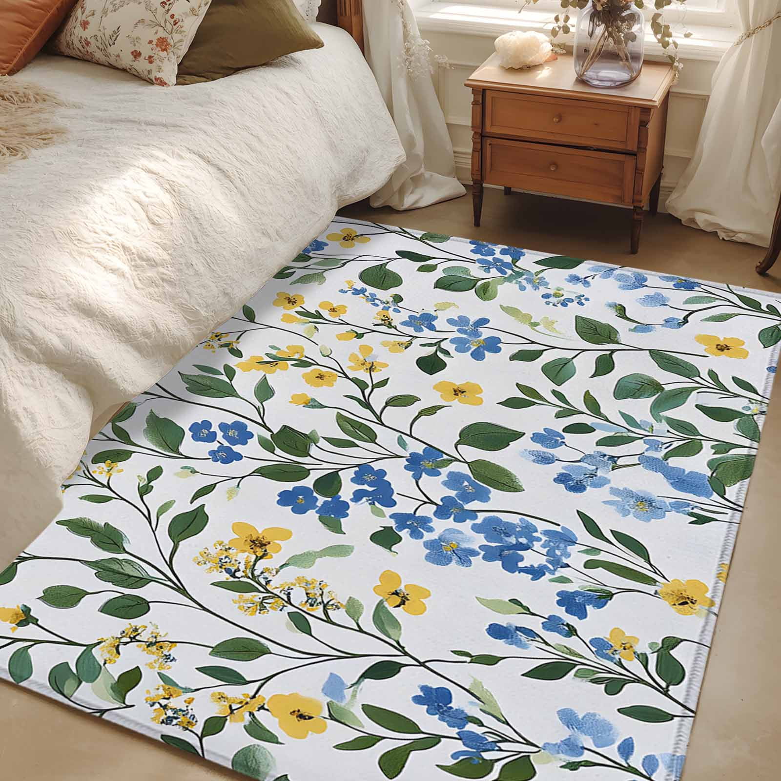4'x6' Area Rugs, Blue Yellow Floral Spring Indoor Outdoor Area Rug for Living Room Bedroom, Green Pastoral Summer Botanical Washable Bathroom Rugs Kitchen Floor Carpet Mats Home Decor Aesthetic